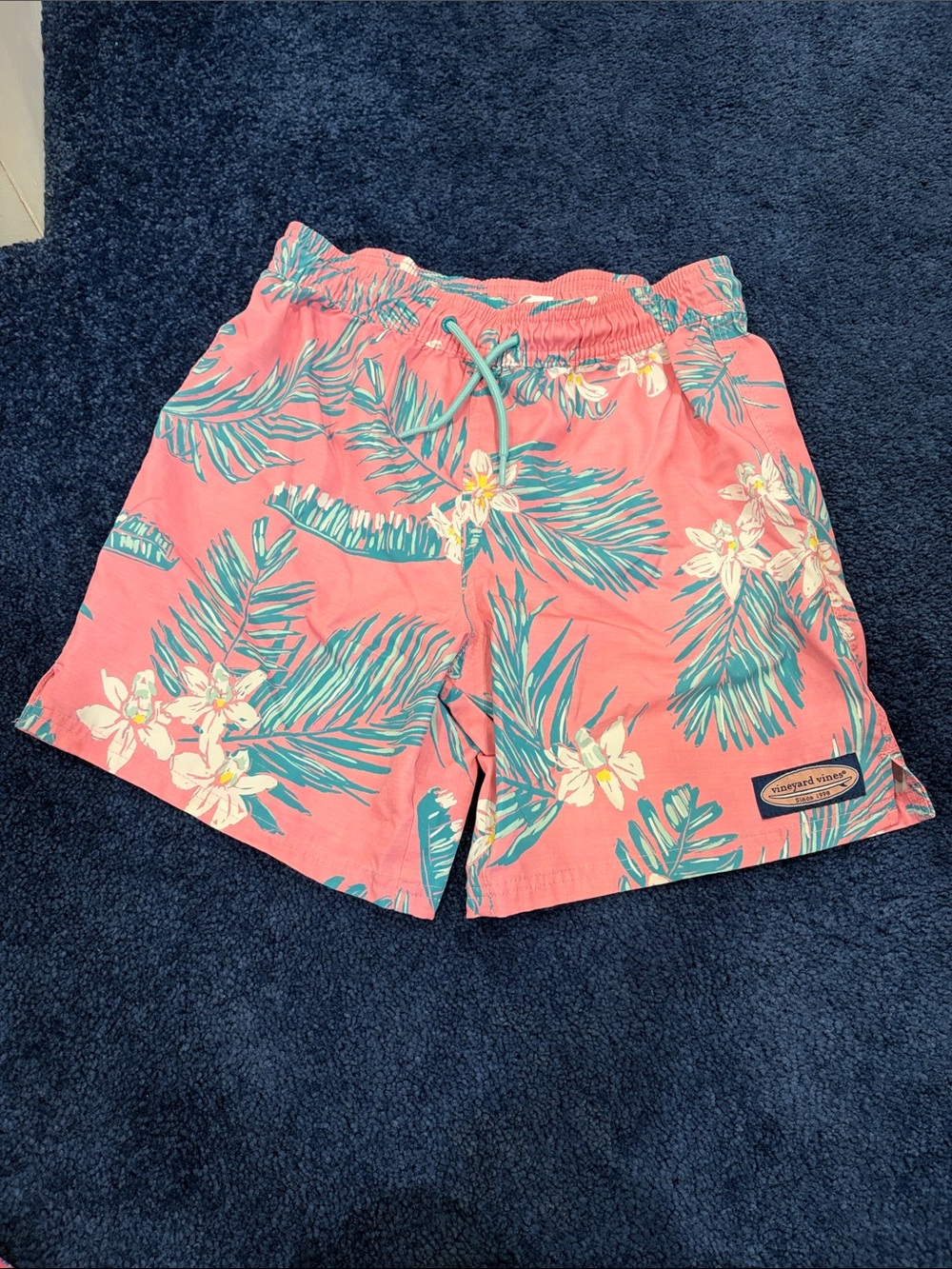 Vineyard Vines Kids Coral Floral Palm Print Swim Trunks